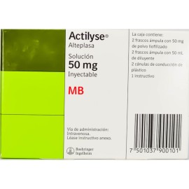 Actilyse Alteplasa 50mg solucion inyectable: con 1 vial con 50 mg de alteplasa, 1 f.a. con 50 ml