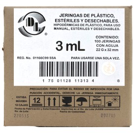 JERINGA HIPODERMICA DESECHABLE 3ML AGUJA 22G X 32MM C/100